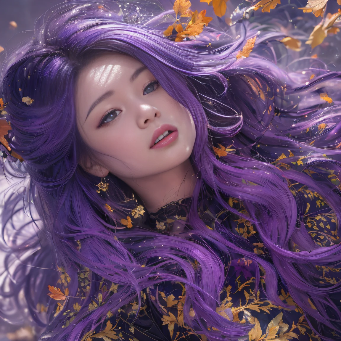 32K(tmasterpiece,k hd,hyper HD,32K)Long flowing bright purple hair,Autumn Pond,zydink, a color, Asian people (Silly girl), (Silk scarf), Combat posture, looking at the ground, long whitr hair, Floating bright purple, Fire cloud pattern gold tiara, Chinese long-sleeved gold silk garment, (abstract ink splash:1.2), white backgrounid,Lotus protector(realisticlying:1.4),Bright purple hair,Smoke on the road,The background is pure, A high resolution, the detail, RAW photogr, Sharp Re, Nikon D850 Film Stock Photo by Jefferies Lee 4 Kodak Portra 400 Camera F1.6 shots, Rich colors, ultra-realistic vivid textures, Dramatic lighting, Unreal Engine Art Station Trend, cinestir 800,Long flowing bright purple hair