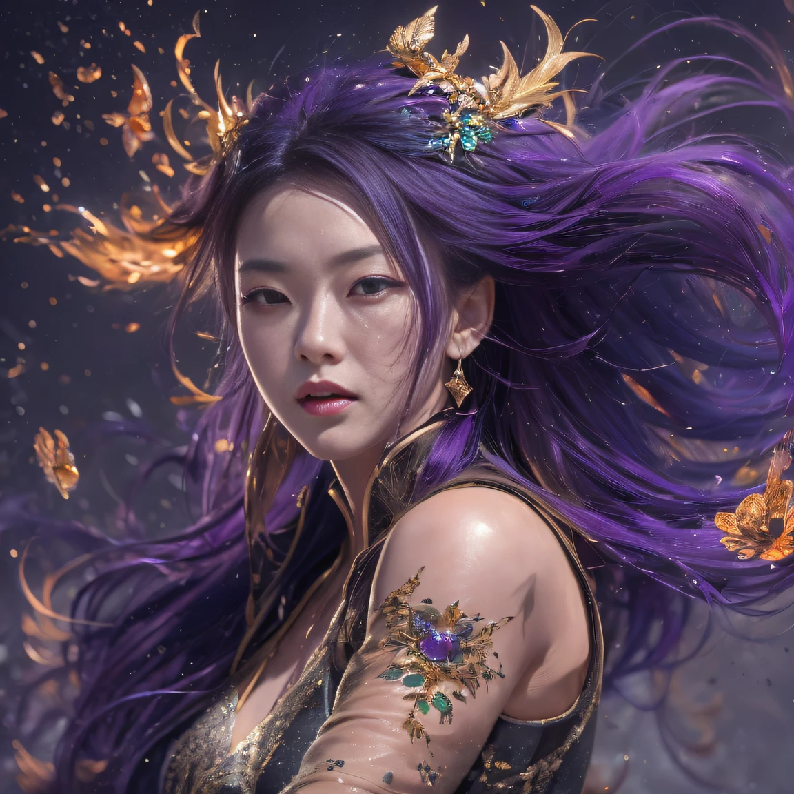 32K（tmasterpiece，k hd，hyper HD，32K）Long flowing bright purple hair，Autumn Pond，zydink， a color， Asian people （Silly girl）， （Silk scarf）， Combat posture， looking at the ground， long whitr hair， Floating bright purple， Fire cloud pattern gold tiara， Chinese long-sleeved gold silk garment， （abstract ink splash：1.2）， white backgrounid，Lotus protector（realisticlying：1.4），Bright purple hair，Smoke on the road，The background is pure， A high resolution， the detail， RAW photogr， Sharp Re， Nikon D850 Film Stock Photo by Jefferies Lee 4 Kodak Portra 400 Camera F1.6 shots, Rich colors, ultra-realistic vivid textures, Dramatic lighting, Unreal Engine Art Station Trend, cinestir 800，Long flowing bright purple hair