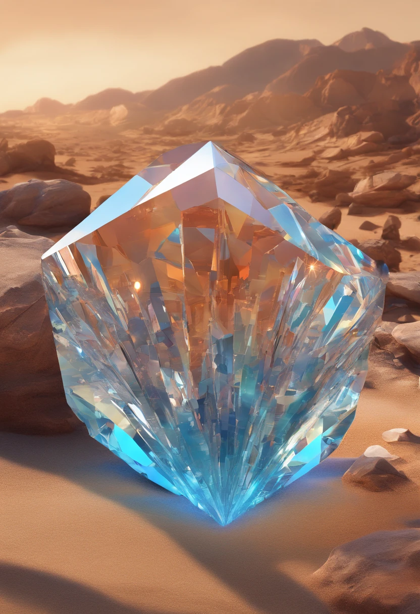 a close up of a large crystal in a desert with rocks, animation style render, atlas, cd cover artwork, orb, flares anamorphic, pierre pellegrini and ash thorp, anamorphic widescreen, platonic solids, space scene, psytrance, movie promotional image, facets