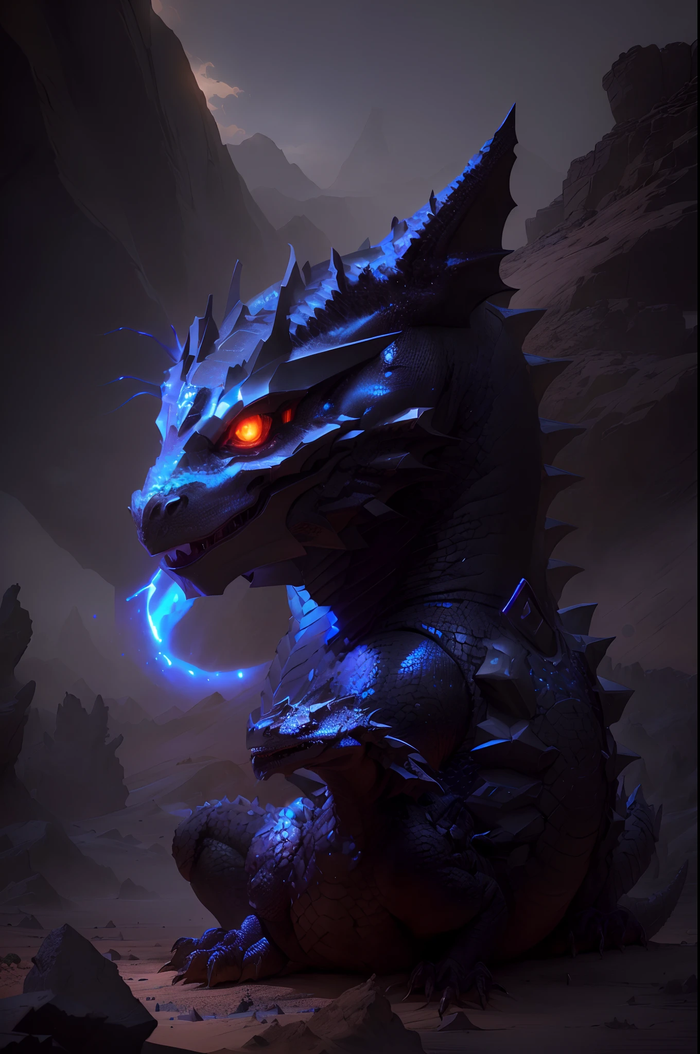 There is a dragon sitting in the desert, cyborg dragon portrait, Adam Marczyński, metal and glowing eyes, Dragon portrait, Sci-Fi Lizard Alien, detailed digital 2d fantasy art, Black Dragon, Lizardman SF, dragon with scars, D & D Fantasy Digital Painting, Portrait of a Dragon, realistic creature concept、facing front、