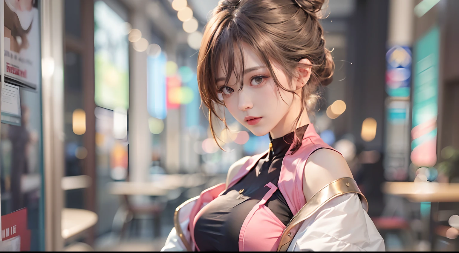 (RAW photography、top-quality)、(hentail realism、Photorealsitic:1.3)、top-quality、tmasterpiece、Extremely Delicately Beautiful、A highly detailed、NFFSW、A sense of unity、2k wallpaper、magnifica、Beautiful face in every detail、tmasterpiece、Light smile、top-quality、Highly detailed ticker Unity 8k wallpaper、hugefilesize、ultra - detailed、A high resolution、The is very detailed、Female 1 Person、Slim body、D-cups、(Black tights top:0.7)、(Pink skirt:1.2)、(Bun hair)、(A brown-haired)、Look at the front、Sharp focus、facial closeups、PureErosFace_V1:0.8 Short hair、