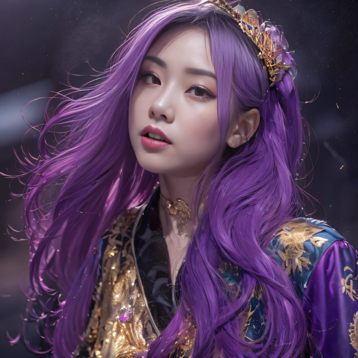 32K（tmasterpiece，k hd，hyper HD，32K）Long flowing bright purple hair，Autumn Pond，zydink， a color， Asian people （Silly girl）， （Silk scarf）， Combat posture， looking at the ground， long whitr hair， Floating bright purple， Fire cloud pattern gold tiara， Chinese long-sleeved gold silk garment， （abstract ink splash：1.2）， white backgrounid，Lotus protector（realisticlying：1.4），Bright purple hair，Smoke on the road，The background is pure， A high resolution， the detail， RAW photogr， Sharp Re， Nikon D850 Film Stock Photo by Jefferies Lee 4 Kodak Portra 400 Camera F1.6 shots, Rich colors, ultra-realistic vivid textures, Dramatic lighting, Unreal Engine Art Station Trend, cinestir 800，Long flowing bright purple hair