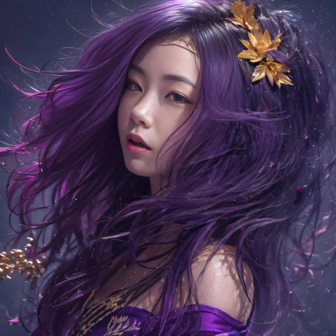 32K(tmasterpiece,k hd,hyper HD,32K)Long flowing bright purple hair,Autumn Pond,zydink, a color, Asian people (Silly girl), (Silk scarf), Combat posture, looking at the ground, long whitr hair, Floating bright purple, Fire cloud pattern gold tiara, Chinese long-sleeved gold silk garment, (abstract ink splash:1.2), white backgrounid,Lotus protector(realisticlying:1.4),Bright purple hair,Smoke on the road,The background is pure, A high resolution, the detail, RAW photogr, Sharp Re, Nikon D850 Film Stock Photo by Jefferies Lee 4 Kodak Portra 400 Camera F1.6 shots, Rich colors, ultra-realistic vivid textures, Dramatic lighting, Unreal Engine Art Station Trend, cinestir 800,Long flowing bright purple hair