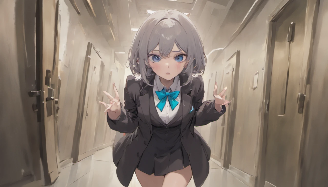 Arya, 1girll, Solo, Long hair, Blue eyes, ahoge, bow, view the viewer, Red bow, Jacket, neck bowtie, Long sleeves, Breasts, shirt, Open jacket, red bowtie, Door, Cowboy shot, Collared shirt, Indoors, school uniform, White hair, standing, Open clothes, Skirt, bangs, dress, grey jacket, Black dress, Blush, Pleated skirt, parted lip, Medium breasts, Pleated dress, White shirt, hair between eye, White jacket, Hand up, Blazer, Black skirt, Thighs, Open door, hallways