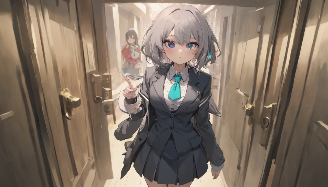Arya, 1girll, Solo, Long hair, Blue eyes, ahoge, bow, view the viewer, Red bow, Jacket, neck bowtie, Long sleeves, Breasts, shirt, Open jacket, red bowtie, Door, Cowboy shot, Collared shirt, Indoors, school uniform, White hair, standing, Open clothes, Skirt, bangs, dress, grey jacket, Black dress, Blush, Pleated skirt, parted lip, Medium breasts, Pleated dress, White shirt, hair between eye, White jacket, Hand up, Blazer, Black skirt, Thighs, Open door, hallways
