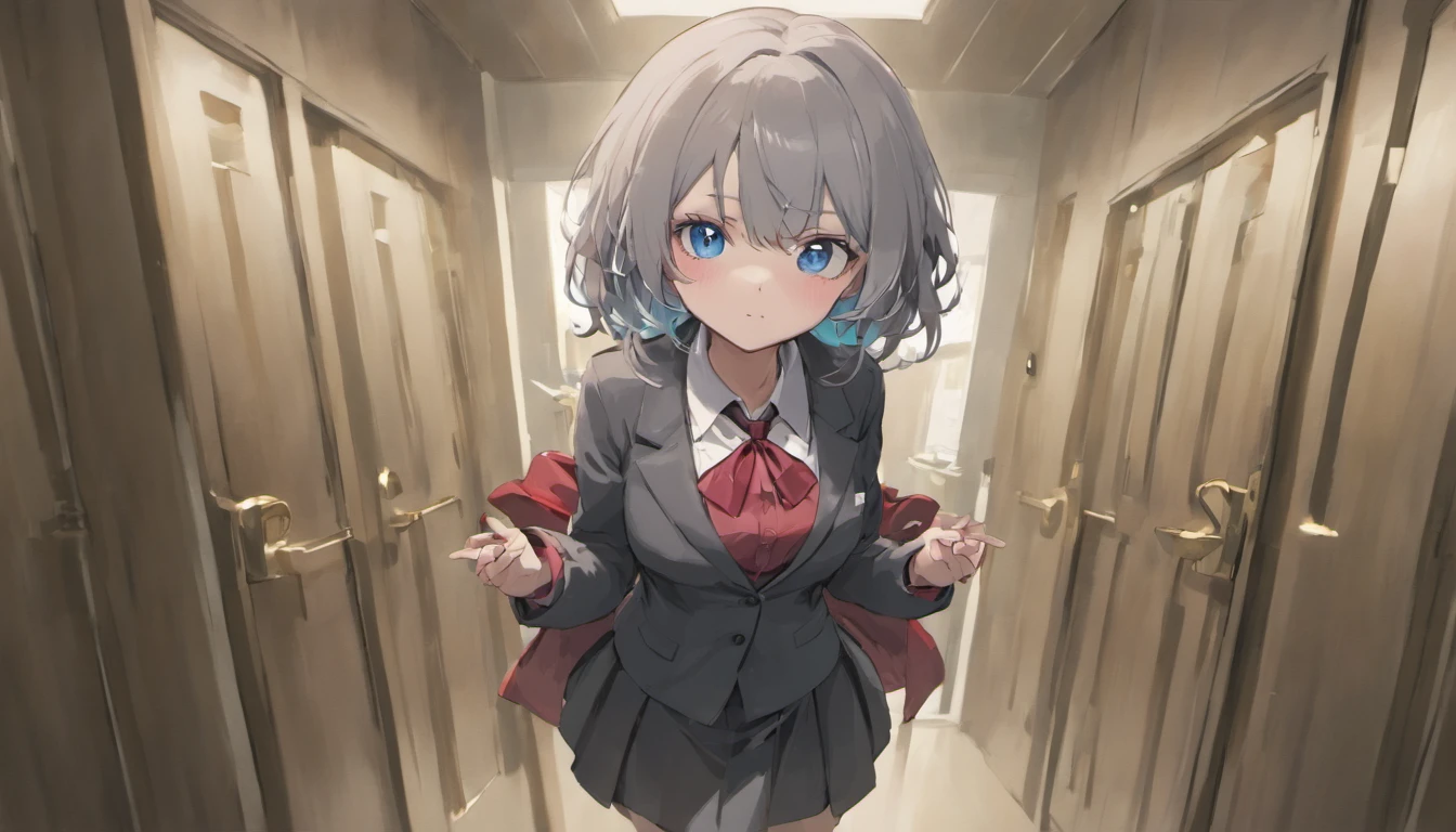 Arya, 1girll, Solo, Long hair, Blue eyes, ahoge, bow, view the viewer, Red bow, Jacket, neck bowtie, Long sleeves, Breasts, shirt, Open jacket, red bowtie, Door, Cowboy shot, Collared shirt, Indoors, school uniform, White hair, standing, Open clothes, Skirt, bangs, dress, grey jacket, Black dress, Blush, Pleated skirt, parted lip, Medium breasts, Pleated dress, White shirt, hair between eye, White jacket, Hand up, Blazer, Black skirt, Thighs, Open door, hallways