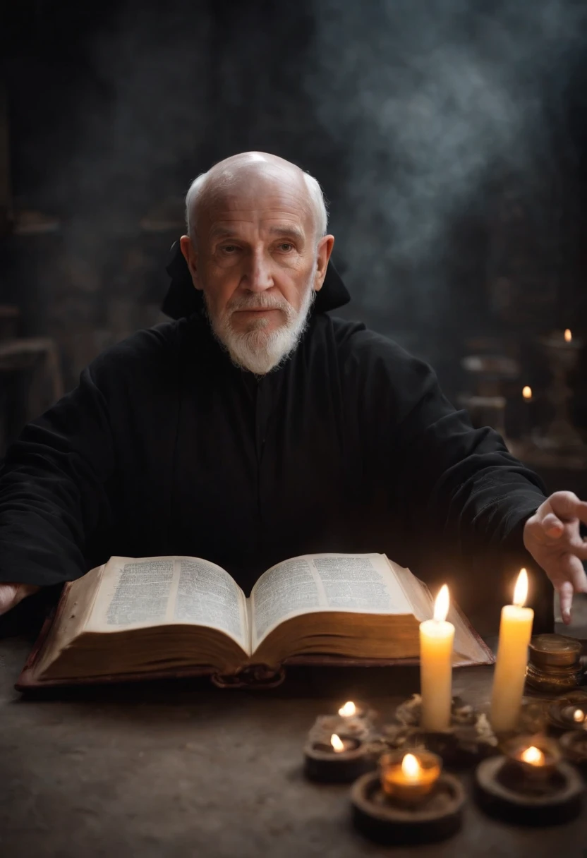 An elderly black-robed magician raised his hands, A circle of magic books was scattered on the ground, Magic books and candles are placed around, Seven mirrors at different angles directly above, Gloomy picture, visions, Depth of field, god light, filmgrain, Optical illusion, Vignetting, Renaissance, Pre-Raphaelite Brotherhood, High details,Back Shadow