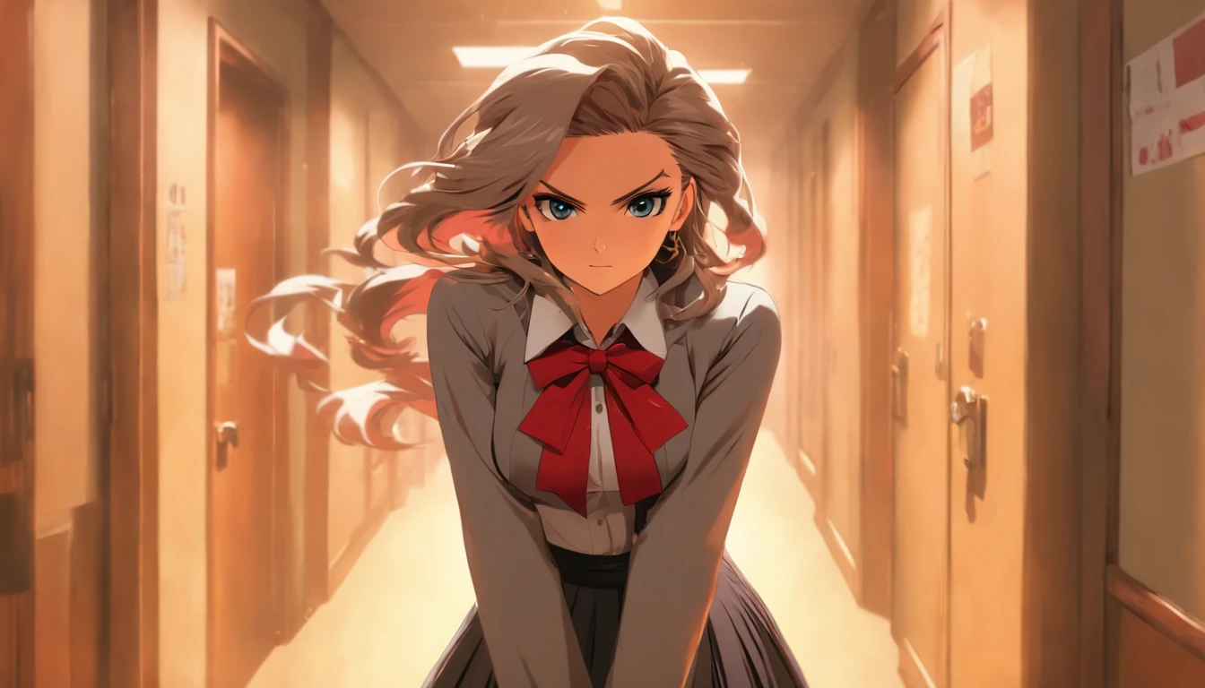 Arya, 1girll, Solo, Long hair, Blue eyes, ahoge, bow, view the viewer, Red bow, Jacket, neck bowtie, Long sleeves, Breasts, shirt, Open jacket, red bowtie, Door, Cowboy shot, Collared shirt, Indoors, school uniform, White hair, standing, Open clothes, Skirt, bangs, dress, grey jacket, Black dress, Blush, Pleated skirt, parted lip, Medium breasts, Pleated dress, White shirt, hair between eye, White jacket, Hand up, Blazer, Black skirt, Thighs, Open door, hallways
