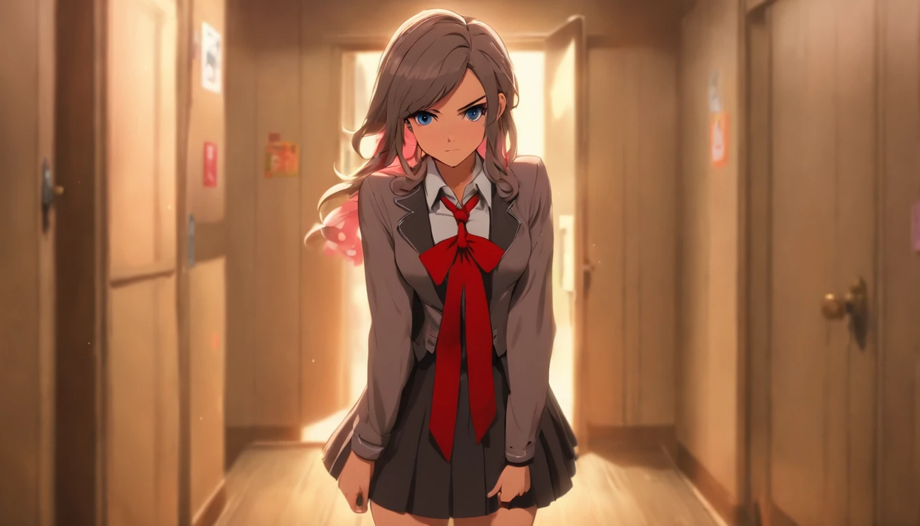 Arya, 1girll, Solo, Long hair, Blue eyes, ahoge, bow, view the viewer, Red bow, Jacket, neck bowtie, Long sleeves, Breasts, shirt, Open jacket, red bowtie, Door, Cowboy shot, Collared shirt, Indoors, school uniform, White hair, standing, Open clothes, Skirt, bangs, dress, grey jacket, Black dress, Blush, Pleated skirt, parted lip, Medium breasts, Pleated dress, White shirt, hair between eye, White jacket, Hand up, Blazer, Black skirt, Thighs, Open door, hallways