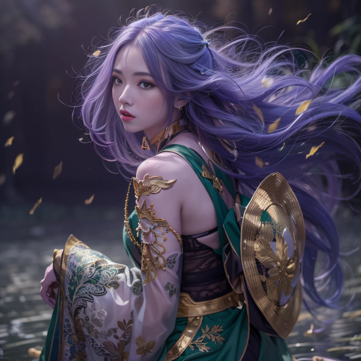 32K（tmasterpiece，k hd，hyper HD，32K）Long flowing bright purple hair，Autumn Pond，zydink， a color， Asian people （Silly girl）， （Silk scarf）， Combat posture， looking at the ground， long whitr hair， Floating bright purple， Fire cloud pattern gold tiara， Chinese long-sleeved gold silk garment， （abstract ink splash：1.2）， white backgrounid，Lotus protector（realisticlying：1.4），Bright purple hair，Smoke on the road，The background is pure， A high resolution， the detail， RAW photogr， Sharp Re， Nikon D850 Film Stock Photo by Jefferies Lee 4 Kodak Portra 400 Camera F1.6 shots, Rich colors, ultra-realistic vivid textures, Dramatic lighting, Unreal Engine Art Station Trend, cinestir 800，Long flowing bright purple hair