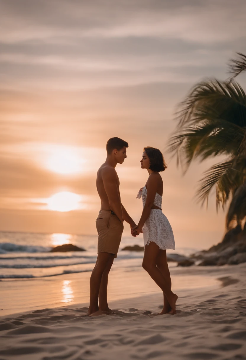 her bf and she are kissing on the beach, she has short hair, tan skin, beautiful face, girl. her bf has handsome face, look hot, white skin
