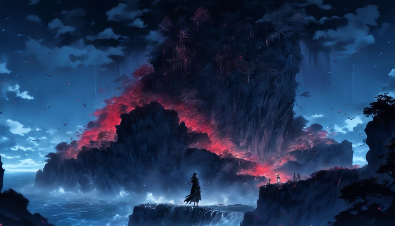 Black, white, blue, red,(Best quality, Ultra-detailed, high resolution, Extremely detailed CG),Wide shot,The Angel of Death stands on the edge of the cliff,She is very beautiful,She loves blood and the sea,Bloody rain, mistic,Rabid, Intricate, Surreal,Delicate