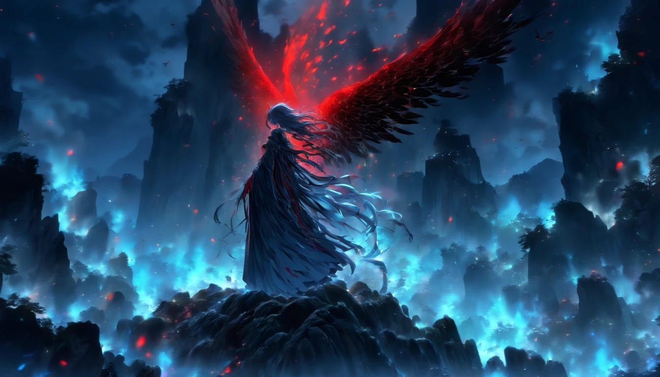 Black, white, blue, red,(Best quality, Ultra-detailed, high resolution, Extremely detailed CG),Wide shot,The Angel of Death stands on the edge of the cliff,She is very beautiful,She loves blood and the sea,Bloody rain, mistic,Rabid, Intricate, Surreal,Delicate