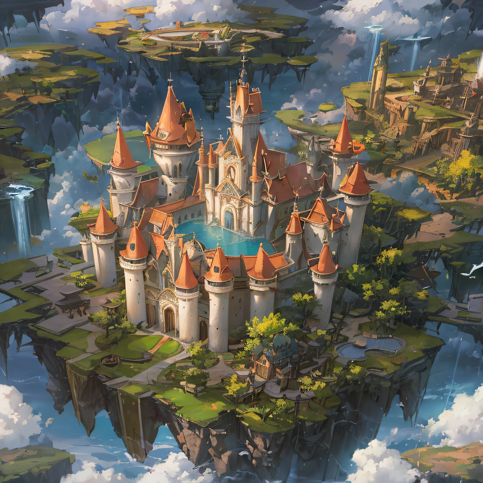 (an artist's design of a floating Castle on the floating the land and Forest and Fountain in the air, above the A few clouds and thunderstorms)1.4, bird's-eye view, scenery, no humans, a fantastic magical world,  (Best quality), (masterpiece:1.3), (photorealistic:1.36), (realistic), ultra-detailed,, detail background,