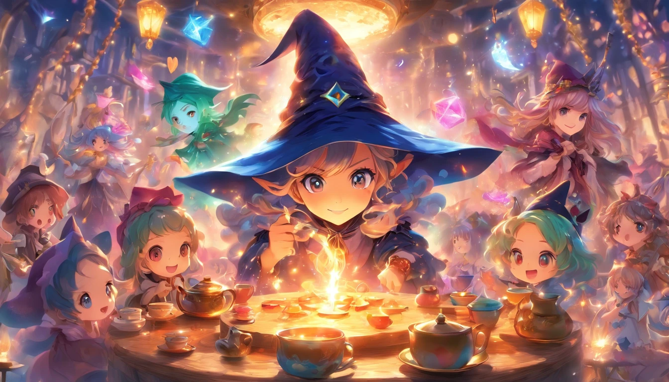 Masterpiece, Best quality, Wizard Tea Party, Magic Tea Party, magic, tchibi, Handsome witch, Highly detailed realistic eyes, cheerfulness, vibrant, Colorful,