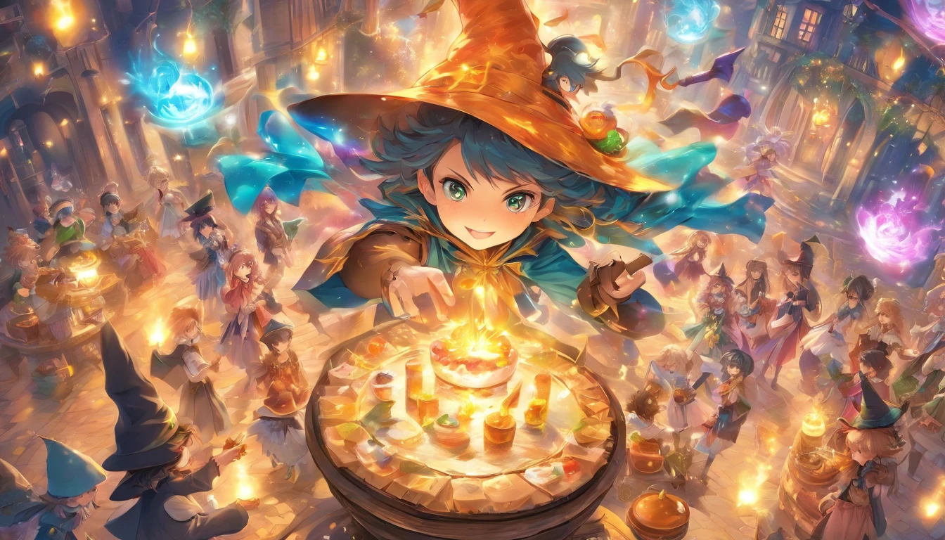 Masterpiece, Best quality, Wizard Tea Party, Magic Tea Party, magic, tchibi, Handsome witch, Highly detailed realistic eyes, cheerfulness, vibrant, Colorful,