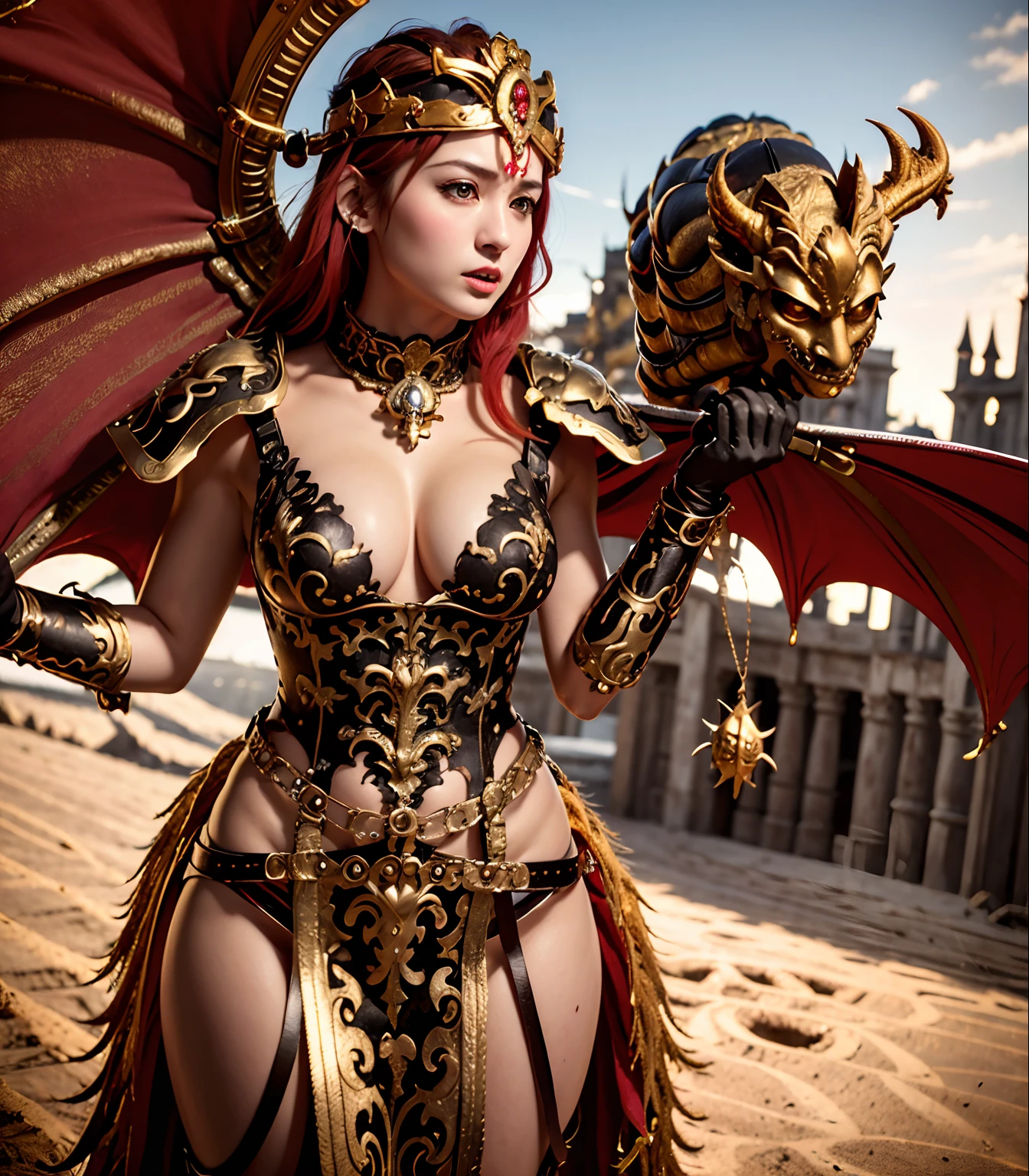 Professional , ​masterpiece、top-quality、photos realistic , depth of fields 、（Fight the Dragon Knight with the Dragon Mask）,（Dragon Black Metal Body:1.4),(Matte Black、（cleavage of the breast）、（Fight dragons）、（Seductive look）、Dragon Gold Weapon、Mystical expression、（bikini-armor),Gorgeous gold weapons ,（（ Dragon's dense and gorgeous sword）） , Beautiful knife   ,warhammer 40k , adepta sororitas,Detail and gorgeous crown、（（Red hair））、（Castle background）、The dragon、（（Gangle's forest background））、Beautiful Caucasian beauty、（１a person）、dynamic ungle,(((Detailed and ornate dragon helmet)))、Smaller head、Castle background、Thin and beautiful female hands、cleavage of the breast、Soldier in iron armor on background、Mystical expression、Light Effects、intense fighting、Wind-effect、magic circles、With the legendary magic wand、（demonic wings）、Toostock、