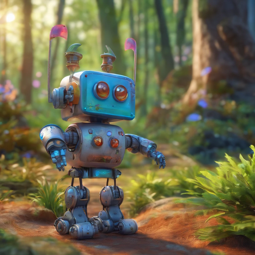 Cute old robot、Charming、in woods、The background is、Colorful to heal、