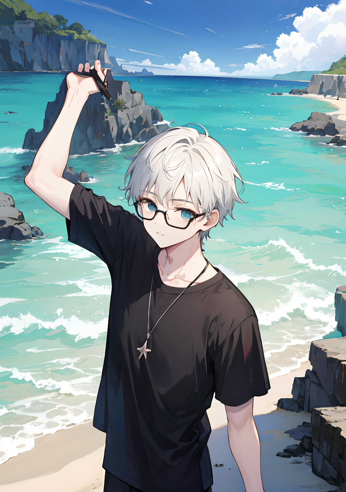 1boy,cetus,coda,ocean,black shirt,glasses,beach