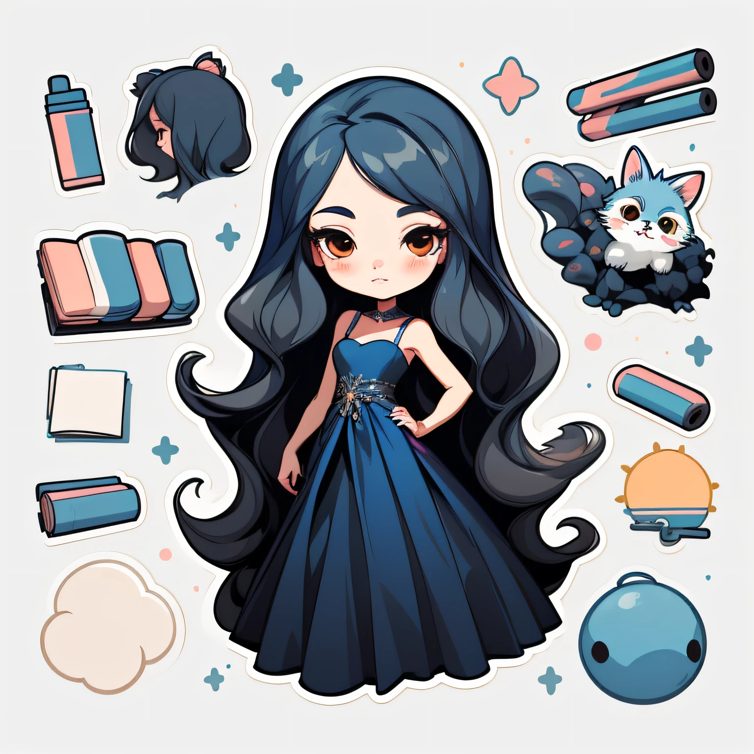 1 sticker, handbook, (a stylish girl, black long hair, brown eyes , model,  dark blue gown, cool and cool), white background, simple background, minimal, cute, tiny, pastel color, vector style, no gradient