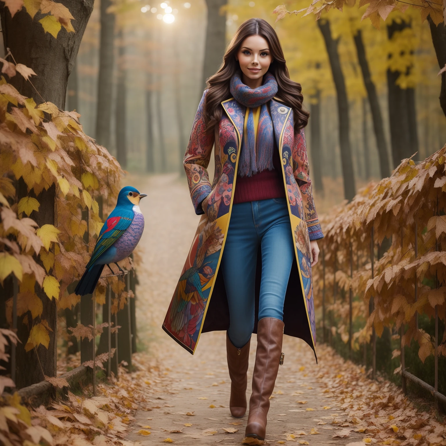 Модель Realistic Vision V5.1 brunette girl with a face and body like Jessica Jane Clement ,  painted with colorful birds , stands in full growth , Her boots are visible , Front light , Beautiful autumn coat painted with colorful birds