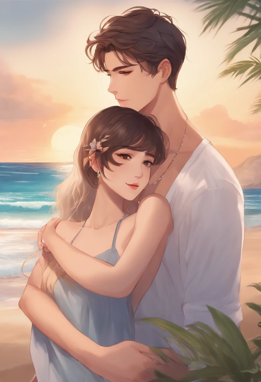her bf and she are kissing on the beach, she has short hair, tan skin, beautiful face, girl. her bf has handsome face, look hot, white skin
anime version