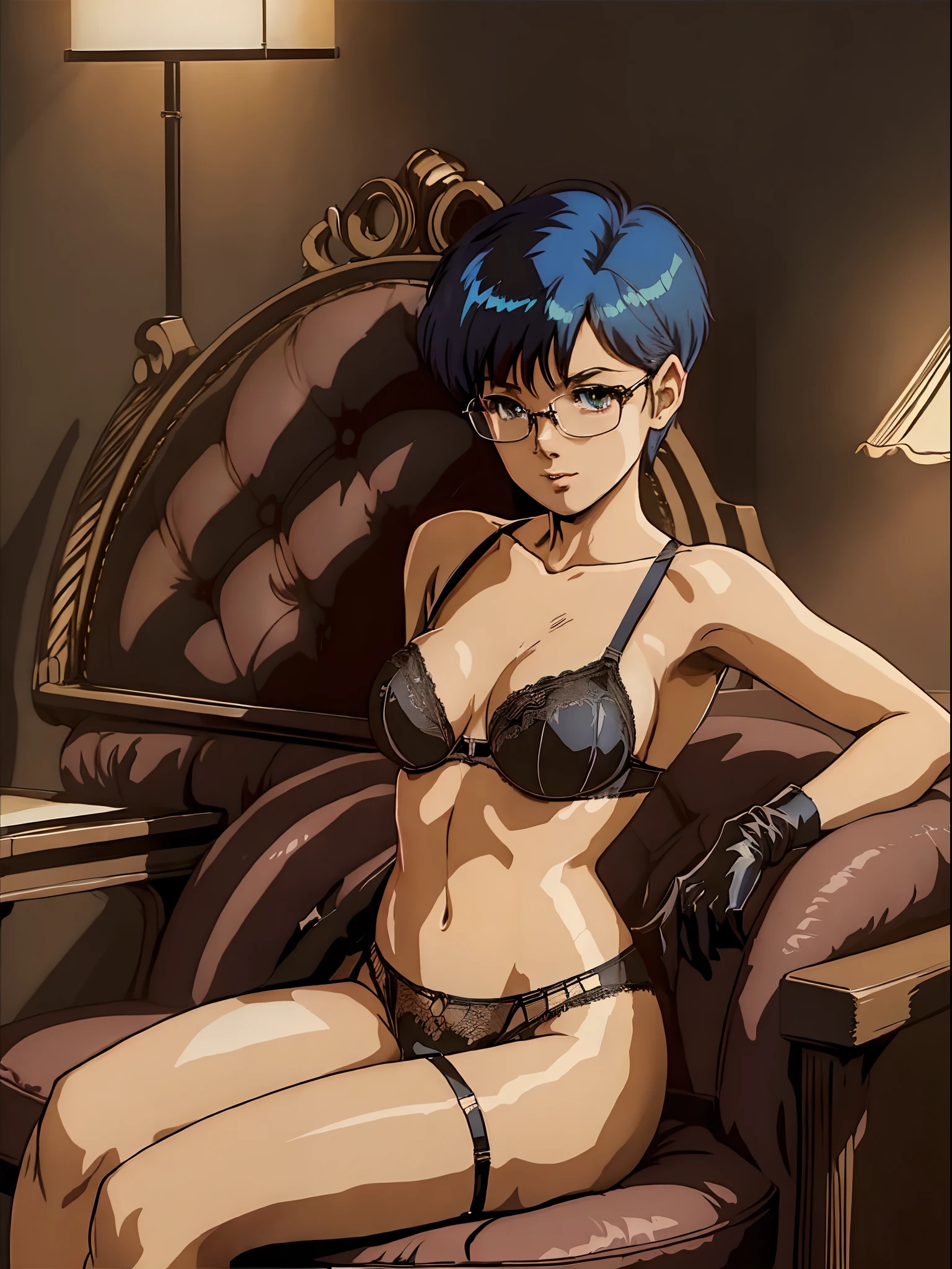 black lingerie (brassiere, panties, garter belt, stockings, gloves), sitting, legs crossed (one leg over the other), shimmering glimmering anime eyes, dim lighting, shiny oily skin, pixie-cut, black glasses, large breasts, narrow waist, wide hips, 20 year old caucasian female