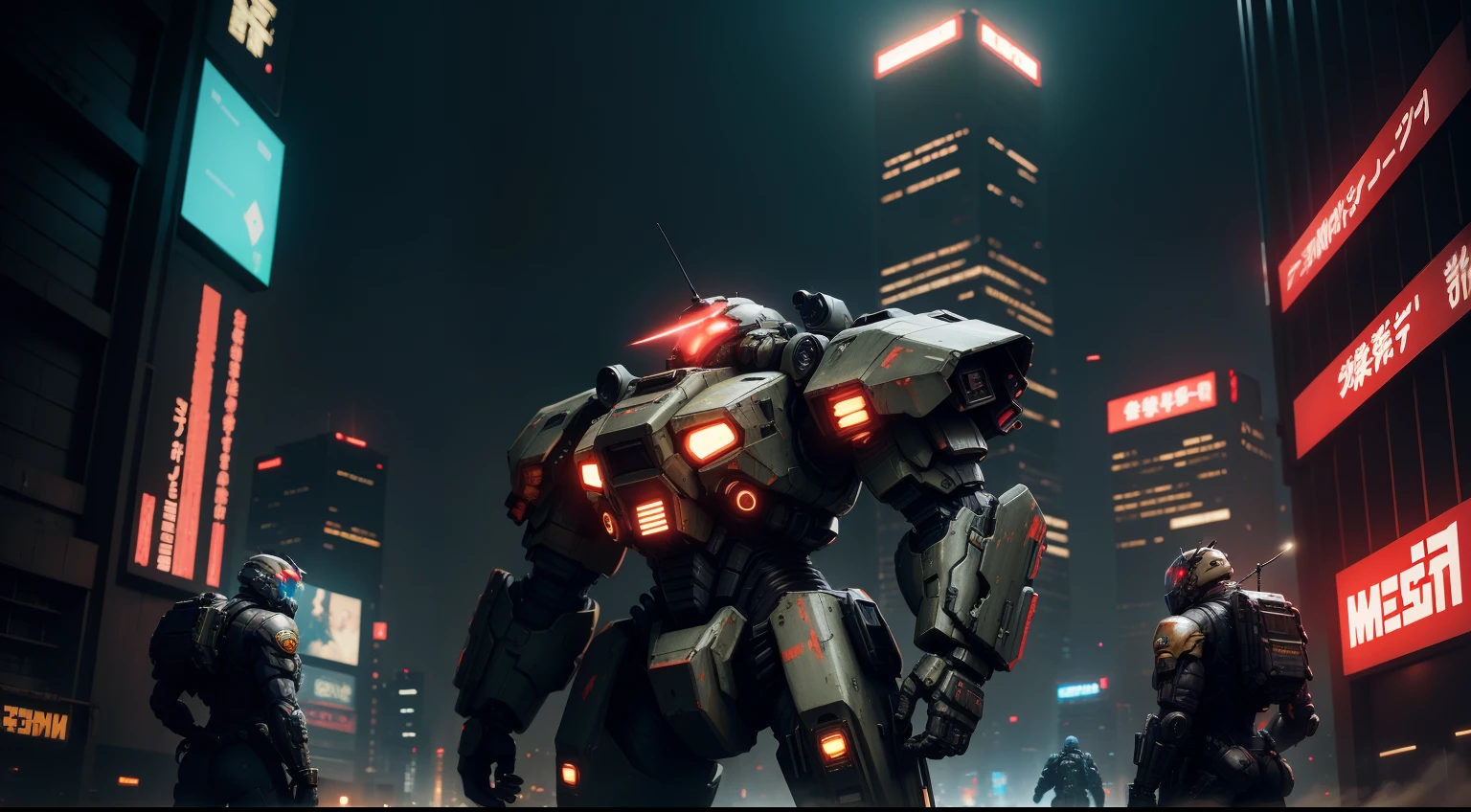 Cyberpunk Mechwarrior with S.W.A.T. soldiers in Tokio Megacity at night, redmoon, neons