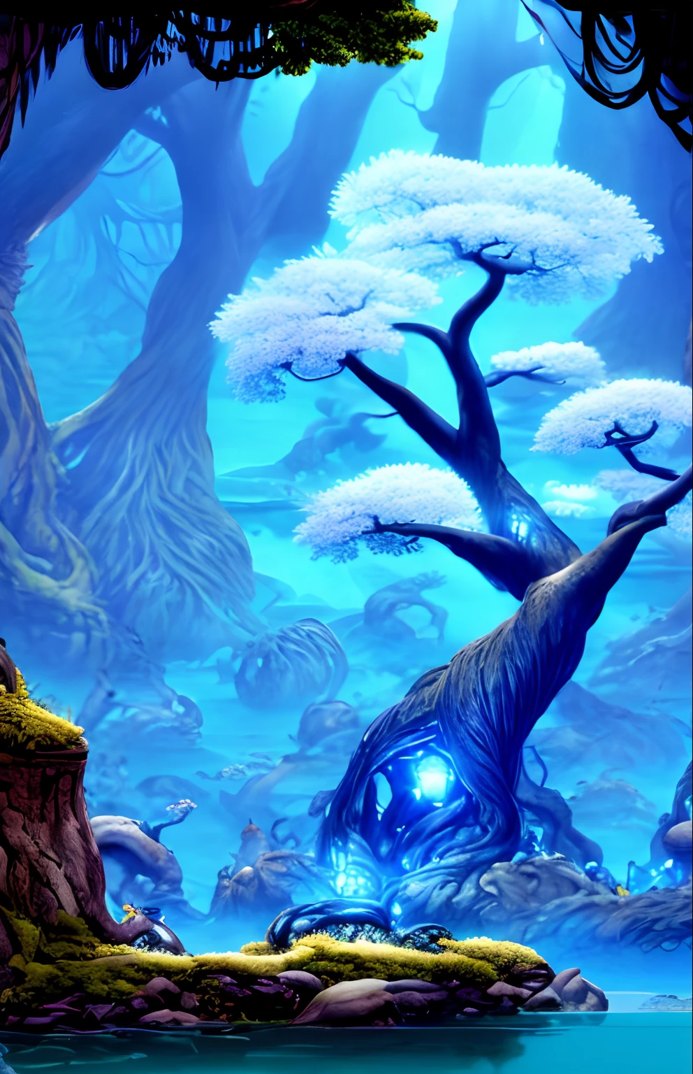 There is a large tree that is standing in the water, baobab tree, baobab tree, beautiful ancient trees, a tall tree, breath-taking beautiful trees, breath - taking beautiful trees, with a tall tree, tall tree, huge ancient trees, a beautiful tree, ancient tree, trees growing on your body, Arquitetura arborescente, weird alien trees