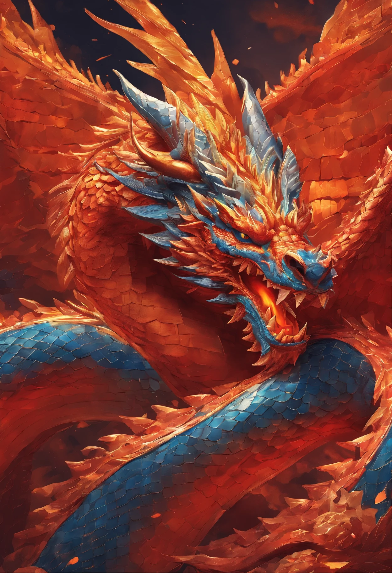 (Dragon celestial dorado) con (ojos penetrantes de color rojo),primer plano soltando (fuego de sangre) por la nariz,escamas bulumetricas,alta calidad,8k,muchos detalles,paticulas de fuego,alas,4patas,garraz manchadas,oro,peligro,fuego,dientes filosos,dragon gigante,colosal,amenazante,imponente,escamas azules