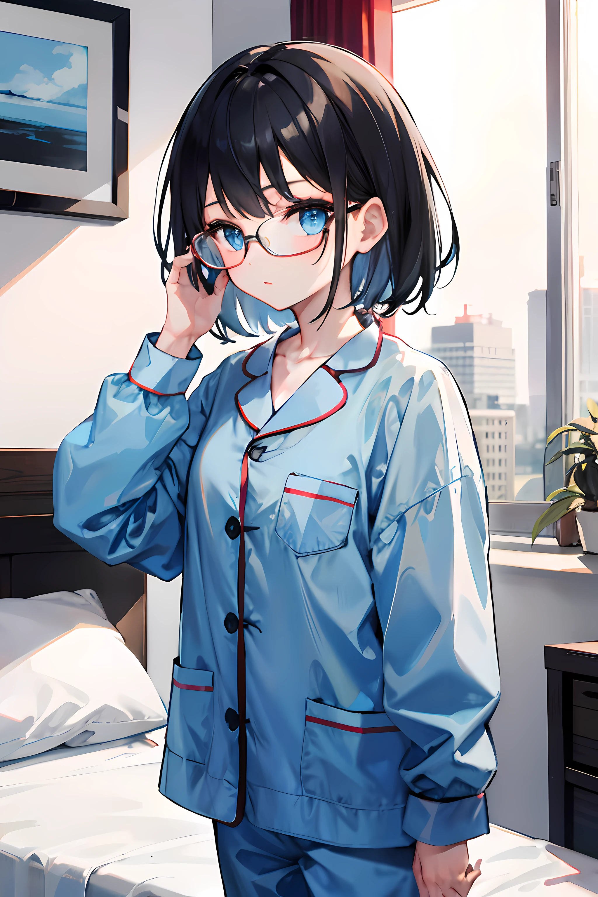 1girl, short black hair, blue eyes, wearing pajamas, wearing glasses, bedroom, absurdres, high res, ultrasharp, 8K, masterpiece, looking at viewer