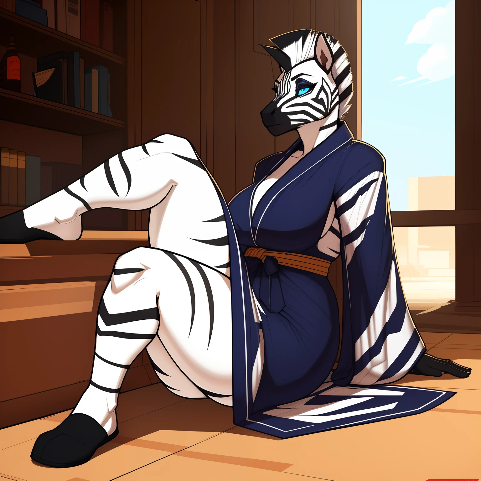 Thick_bodied_mature_zebra female white_and_black_Mohawk white_furry_body black_stripes vivid_blue_eyes milf robes solo Masterpiece best_quality absurdres highly_detailed cleanly_drawn_eyes anthro_only by_claweddrip, by_greasymojo, by_underscore-b, by_runawaystride