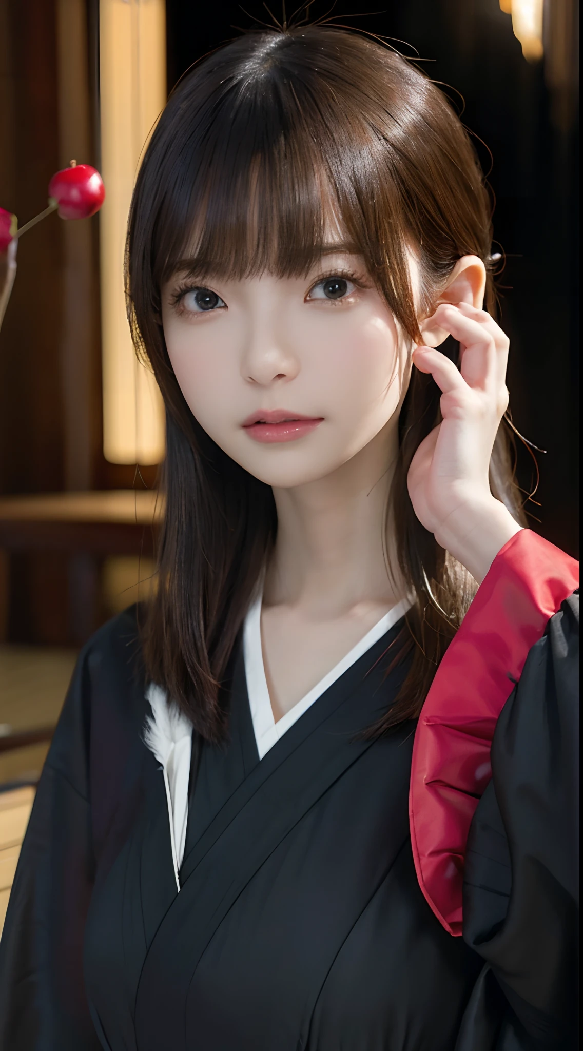 Masterpiece, One Beautiful Japanese Woman, Detailed Eyes, Swollen Eyes, Top Quality, Ultra High Resolution, Film Lighting, Japanese, Beautiful Skin, Slender, (Ultra Realistic), (High Resolution), (8K), (Ultra Detailed), Detailed Face, Lighting is Bright, Professional Lighting, Looking Straight Ahead, Background is London cityscape, blurred background, short hair, hair color brown, outfit black gothic ta, black feathers, bright red apple floating in air, composition above waist,