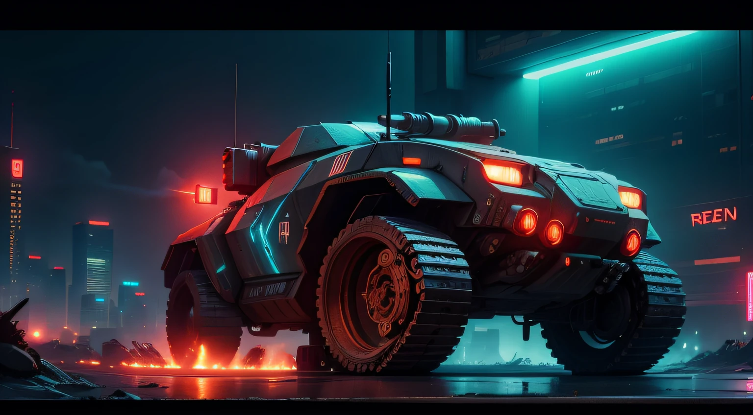 Poster with Cyberpunk Tank in Megacity at night, redmoon, neons