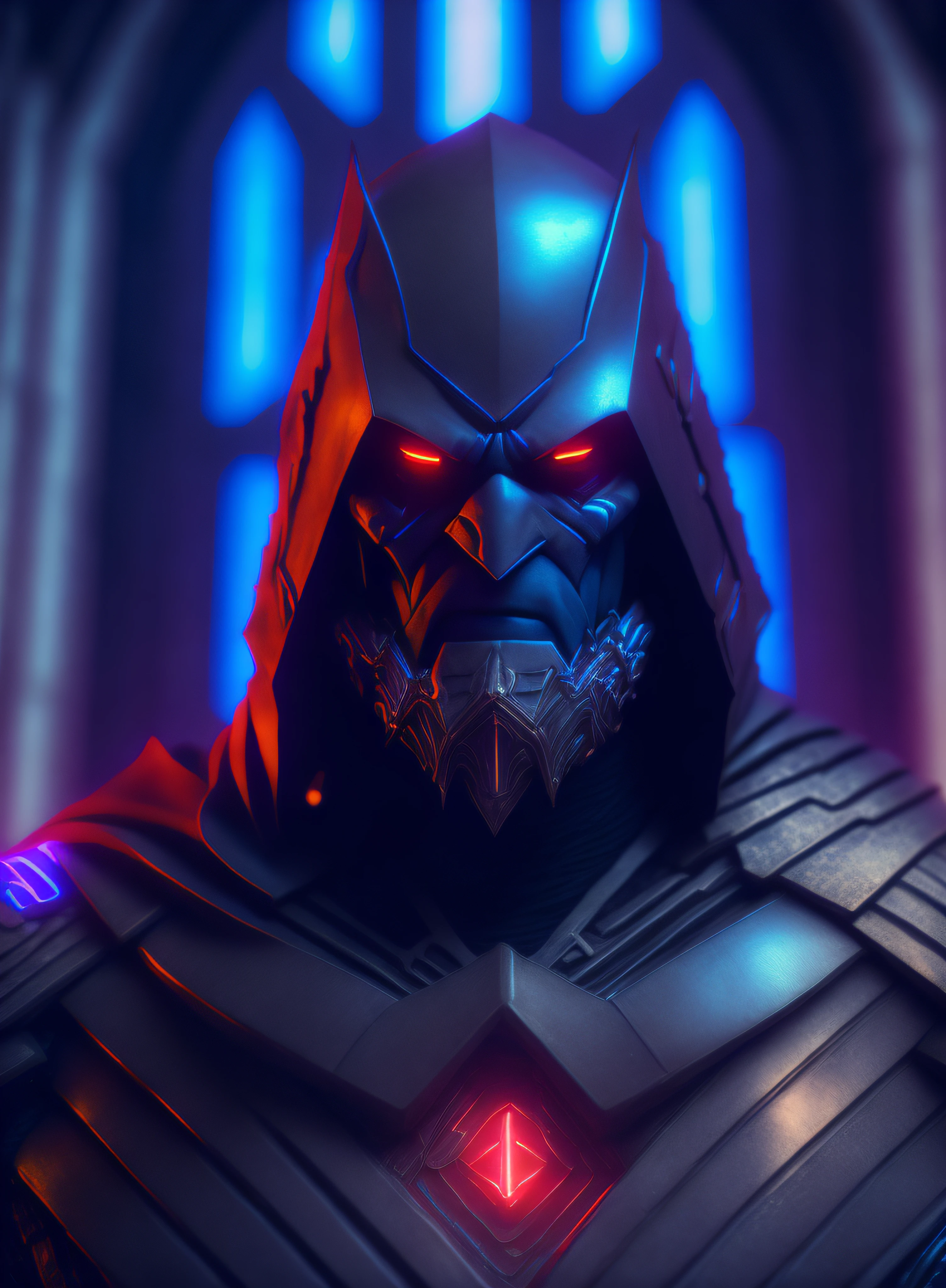 somber portrait of Evil Darkseid from DC with intricate angular cybernetic implants inside a brutalist building, gothic brutalist cathedral, cyberpunk, award-winning photo, bokeh, neon lights, cybernetic limb