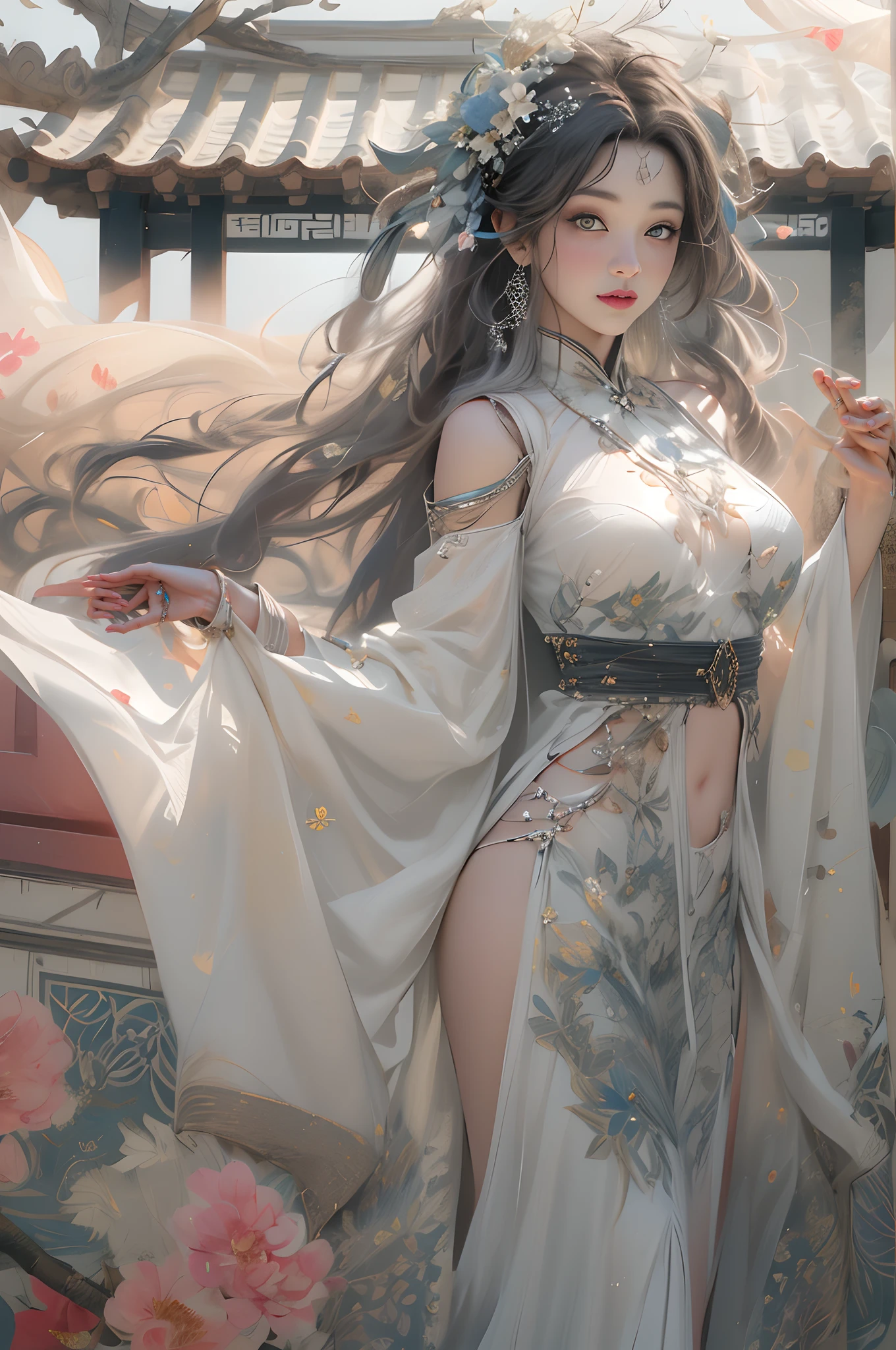 Holding a large see-through stole with pale pink floral pattern with both hands、Swaying in the wind。bright colour、shackle、Halter Neck Bodysuit Draped Dress、garterbelts、Upper eye、light-colored skin and loose navel skin,。Skirt flutters in the wind and spreads。Dynamic Posing。Dancing Poses。
Loose clothing shows shoulders。Very beautiful girl at 19 years old。
Hair swaying in the wind。 masutepiece、Best Photoreal、portlate、Sheer clothing、wetted skin、Wet hair、Sexy look、Functional、Bewitching、Clothes with an open back、Oblique composition、Waterfall in the forest、Big hair ornament、Medium chest、Navel Ejection、Shiny knee-high socks、Bold open chest clothes、、hair adornments、