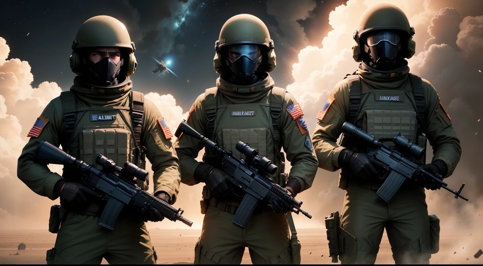 Three soldiers wearing space war suits, armed with automatic rifles, atirando em aliens tipo de filme,