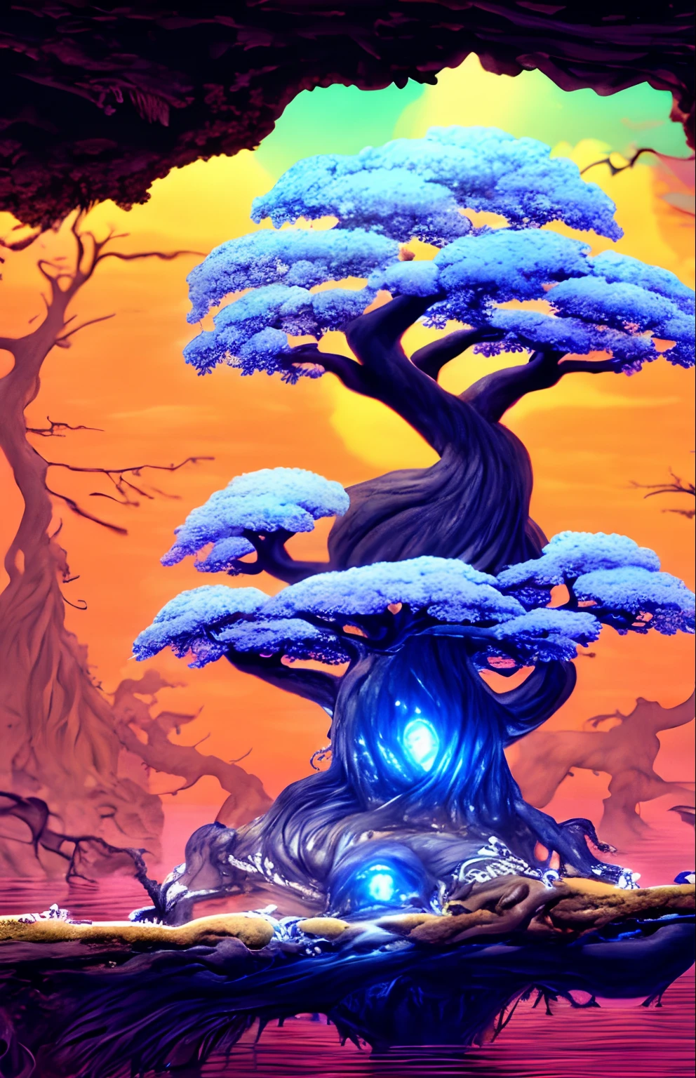 There is a large tree that is standing in the water, baobab tree, baobab tree, beautiful ancient trees, a tall tree, breath-taking beautiful trees, breath - taking beautiful trees, with a tall tree, tall tree, huge ancient trees, a beautiful tree, ancient tree, trees growing on your body, Arquitetura arborescente, weird alien trees
