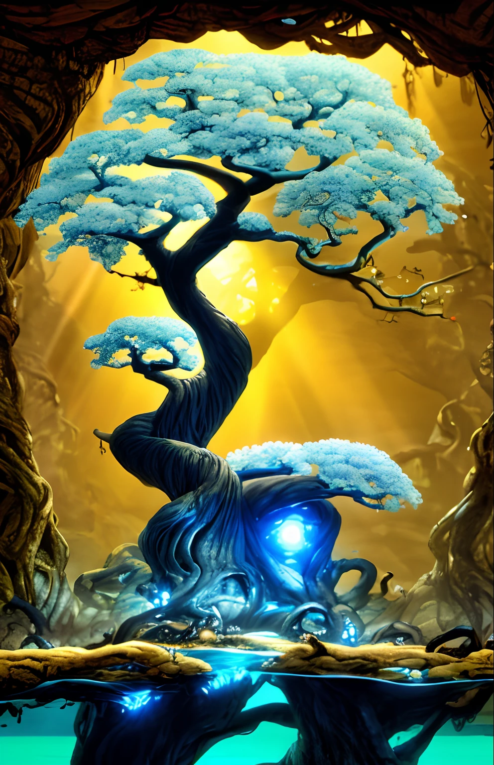 There is a large tree that is standing in the water, baobab tree, baobab tree, beautiful ancient trees, a tall tree, breath-taking beautiful trees, breath - taking beautiful trees, with a tall tree, tall tree, huge ancient trees, a beautiful tree, ancient tree, trees growing on your body, Arquitetura arborescente, weird alien trees