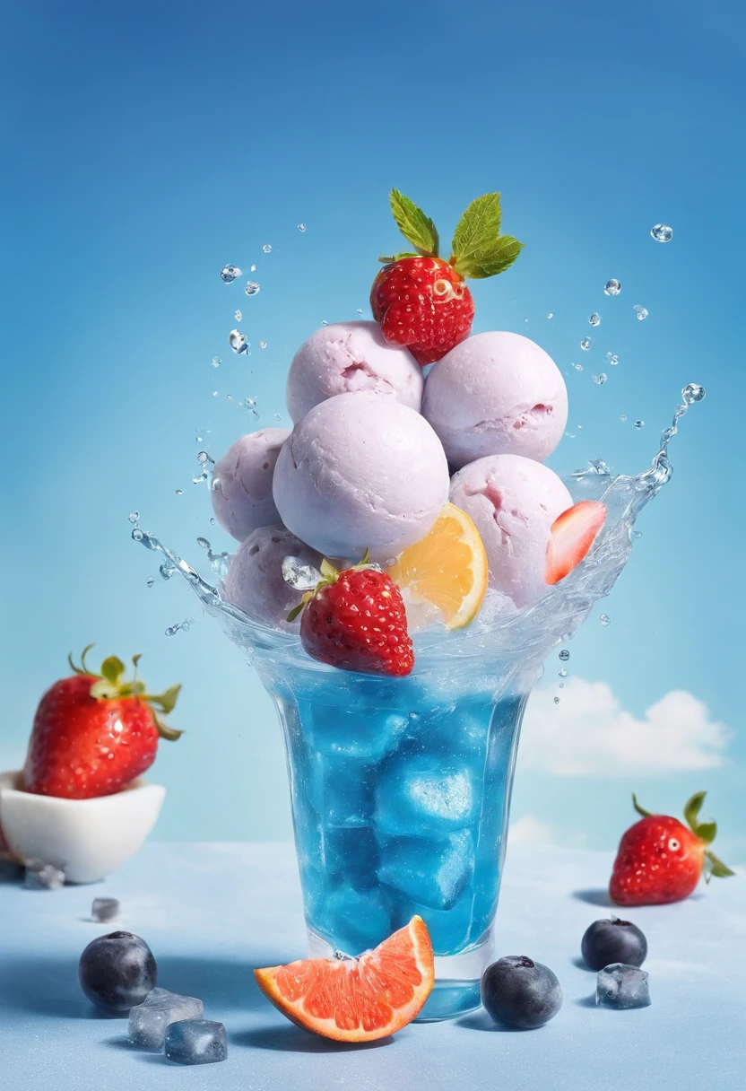 gogo,icecream,the fruits,ice cubes,Splashing water,with blue sky and white clouds