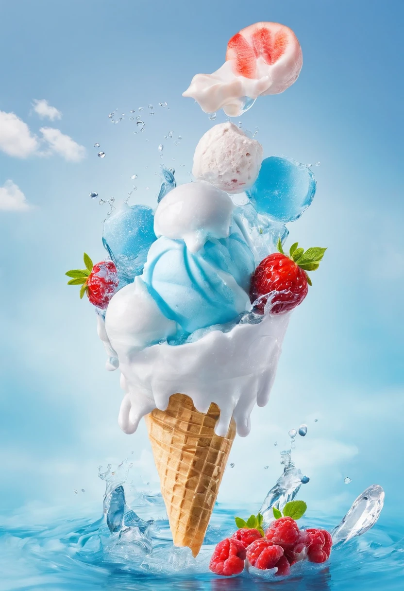 gogo,icecream,the fruits,ice cubes,Splashing water,with blue sky and white clouds