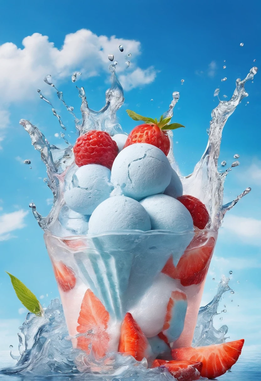 gogo,icecream,the fruits,ice cubes,Splashing water,with blue sky and white clouds