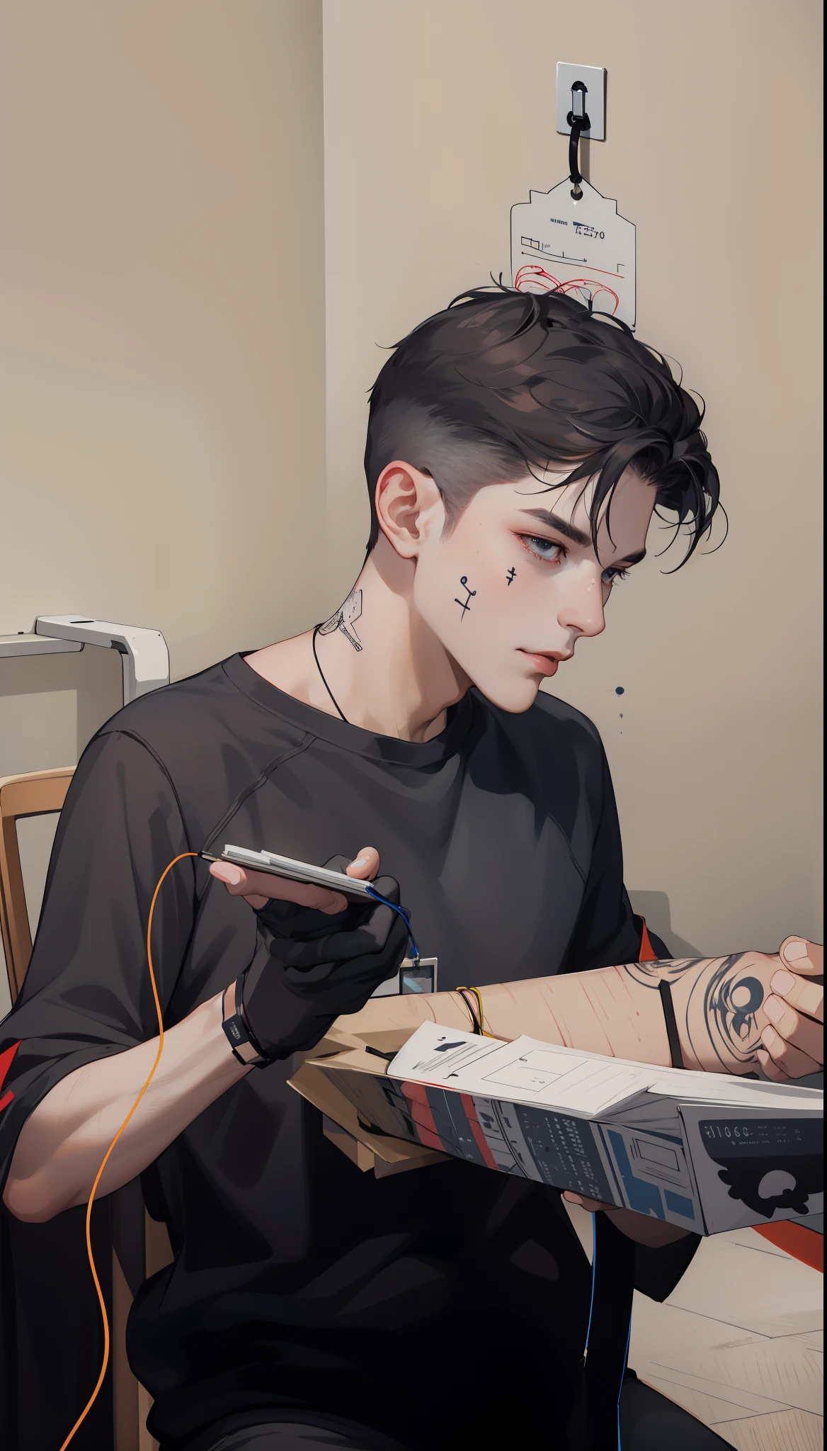 (absurdres, highres, ultra detailed), 1 male, mature, manly, tall muscular, handsome, finely detailed eyes, intricate details, portrait, looking at viewer, solo, half shot, detailed background, detailed face, (1980s synthwave theme:1.1) high-tech futuristic hacker, smirk, advanced technology, hoodie, techwear, wearable device, keycard, cables, (holographic display:1.05), computer, password, control panel in background, blue lights, dark sinister atmosphere, shadows, arafed man sitting at a table with a tattoo on his arm, tattoo artist, inking, traditional ink, inking on skin, very detailed feel, semi realism, whole tattoo, tattoo, thick line ink, intense line work, strong line work, detailed line work, hyper-realistic tattoo, detailed and sharp, super intricate realism, ultra - realistic and intricate