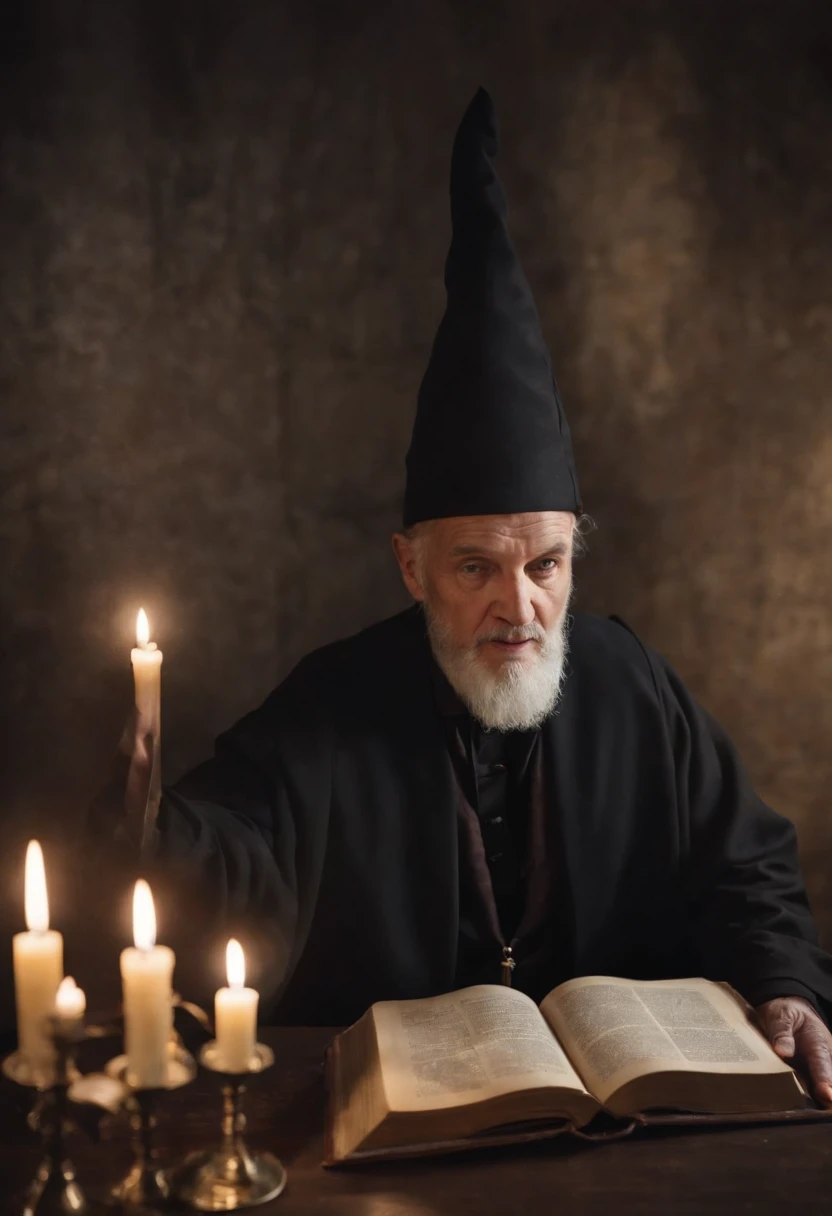 An elderly black-robed magician raised his hands, A circle of magic books was scattered on the ground, Magic books and candles are placed around, Seven mirrors at different angles directly above, Gloomy picture, visions, Depth of field, god light, filmgrain, Optical illusion, Vignetting, Renaissance, Pre-Raphaelite Brotherhood, High details,Back Shadow
