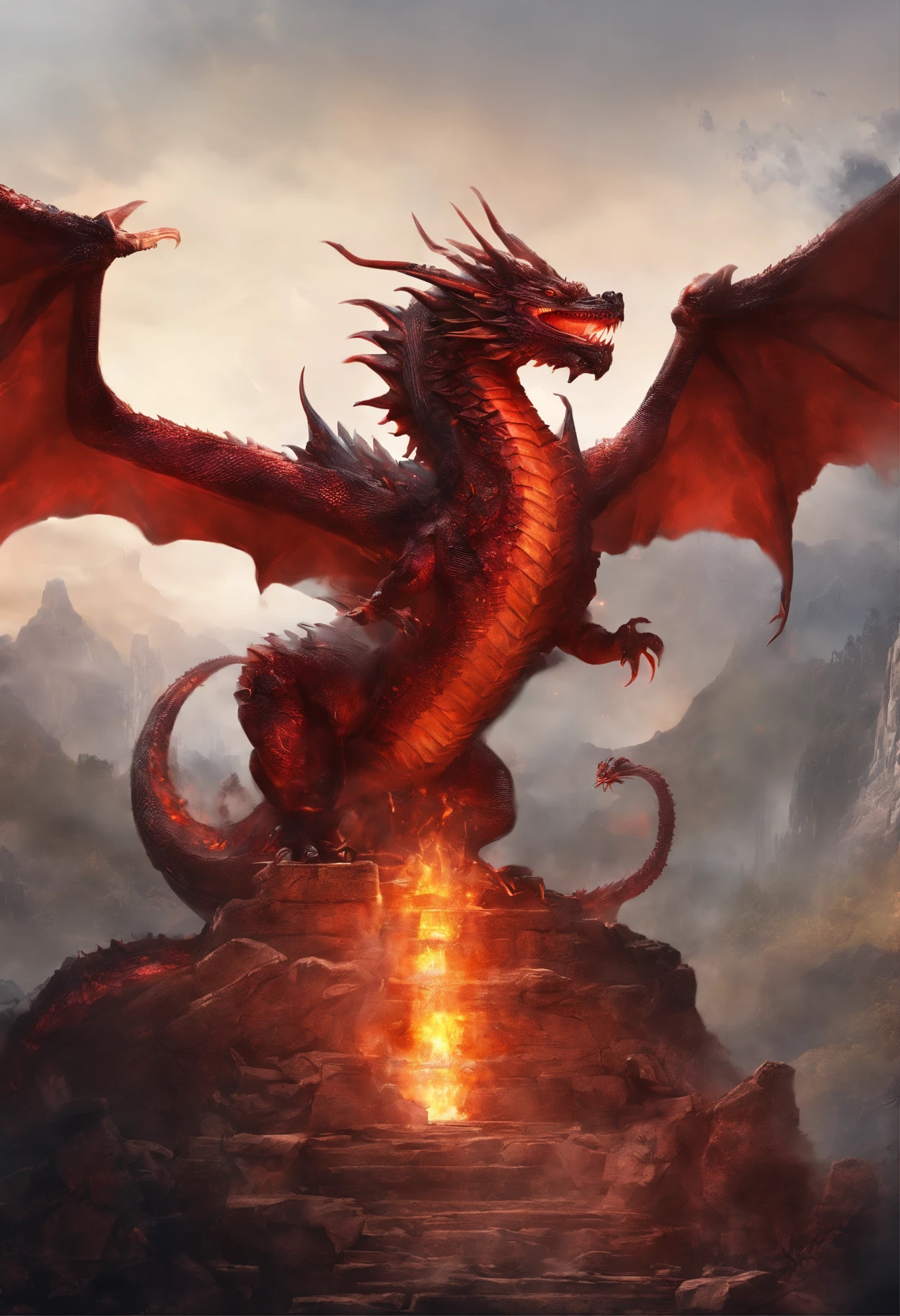 (Dragon celestial dorado) con (ojos penetrantes de color rojo),primer plano soltando (fuego de sangre) por la nariz,escamas bulumetricas,alta calidad,8k,muchos detalles,paticulas de fuego,alas,4patas,garraz manchadas,oro,peligro,fuego,dientes filosos,dragon gigante,colosal,amenazante,imponente,escamas azules