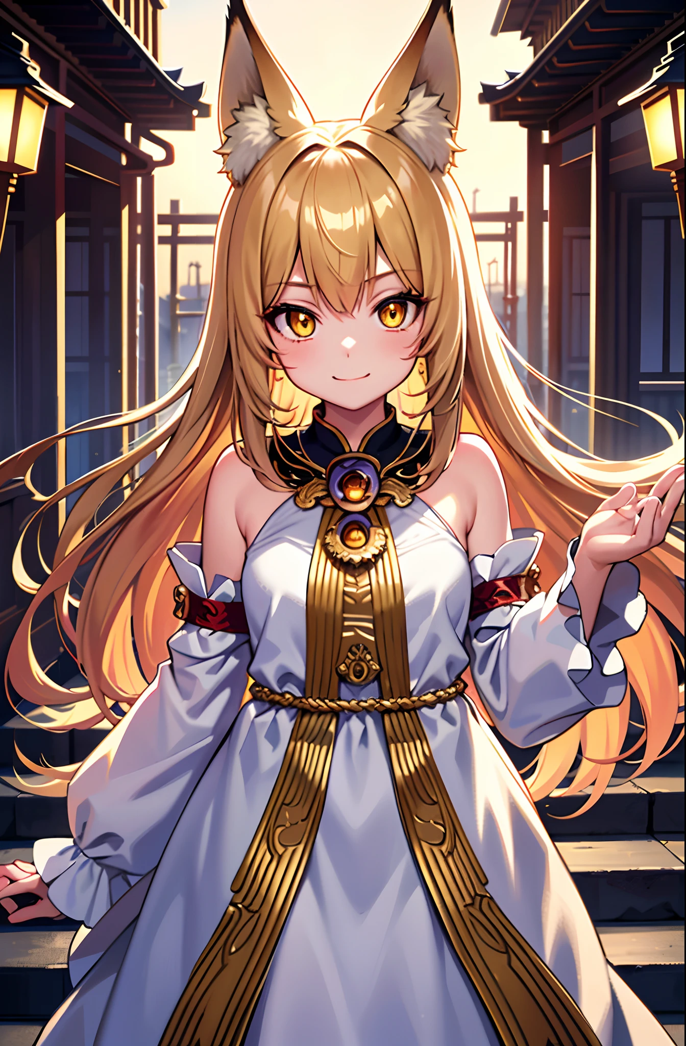 ((highest quality)), ((masterpiece)), (detailed), Perfect Face、Town、evening、Walk with open arms、blonde、Straight Hair、ponytail、Golden Dress、Earrings、necklace、Look Up、smile、Angle from above、Accurate hands、Accurate Fingers、
