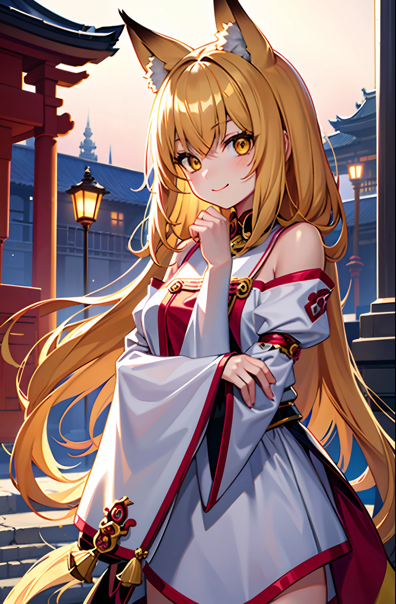 tmasterpiece, Best quality at best, 1girll, yellow eyes, Medium hair, stairways, SakuraNS, temple, girl fox, Separate the sleeves, Animal ear, cheerfulness, Behind the arm,Upper body naked, lower body naked, full view
