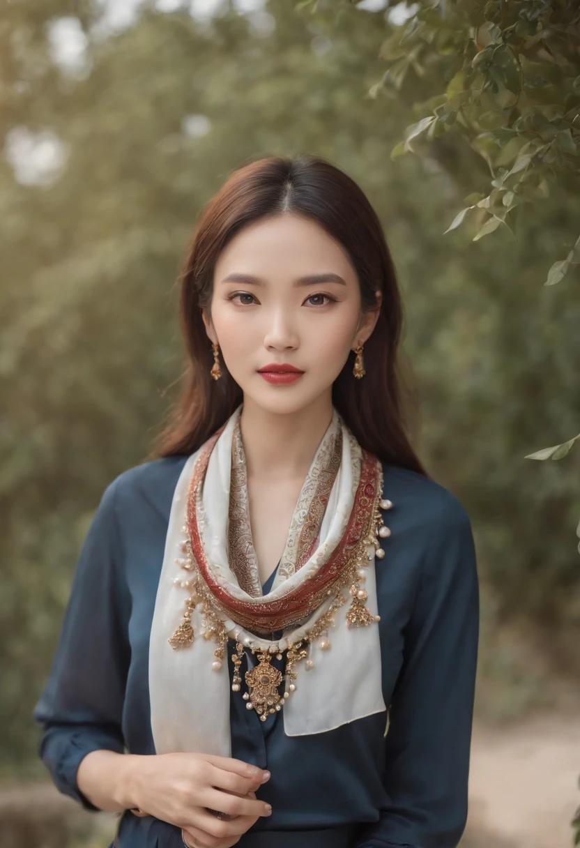 Close-up of a woman wearing a silk scarf and necklace, Inspired by Huang Ji's enamel, Instagram, tachisme, gorgeous chinese models, She was about 28 years old, she is about 30 years old, 8k selfie photograph, She was about 32 years old, Gorgeous young Korean woman, dilraba dilmurat, Scarf, super sharp focus, realistic lens