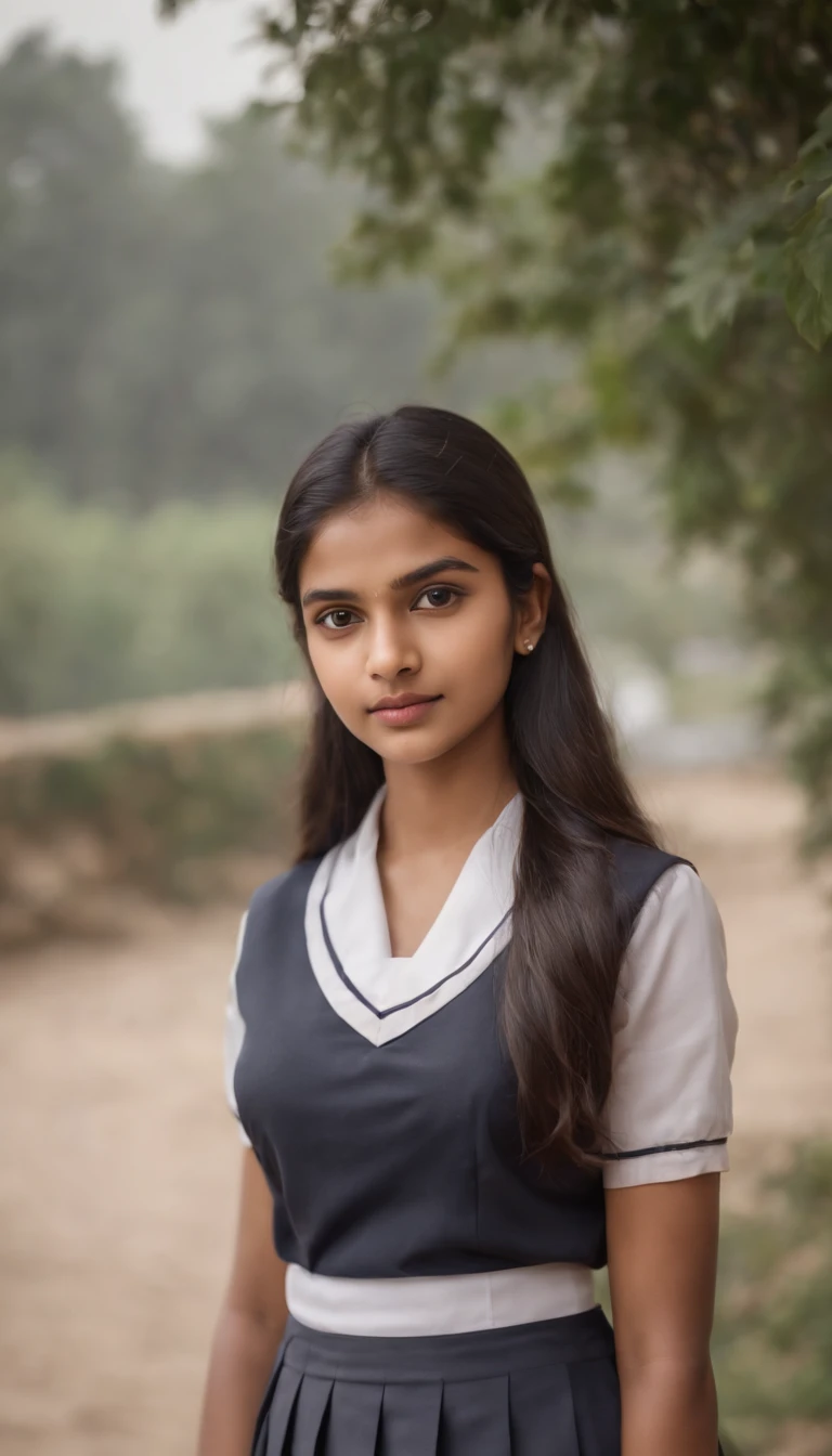 portrait of an young Indian school girl, 18-year-old,  flawless complexion in a skirt school uniform, big round boobies,