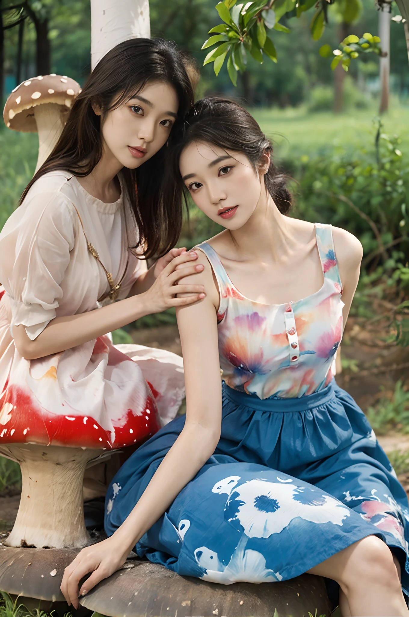 (Best quality,Masterpiece:1.2,Face focus:1.4,Wide eyes,Beautiful eyes:1.4,Dynamic posture),
Break,
(a couple of lesbians:1.5) sitting together on a (giant mushroom:1.2),leering:1.2,Tutu dress,vivd colour,
Break,
Fantastical world,fantasy,((Watercolor painting)),ulzang-6500-v1.1,